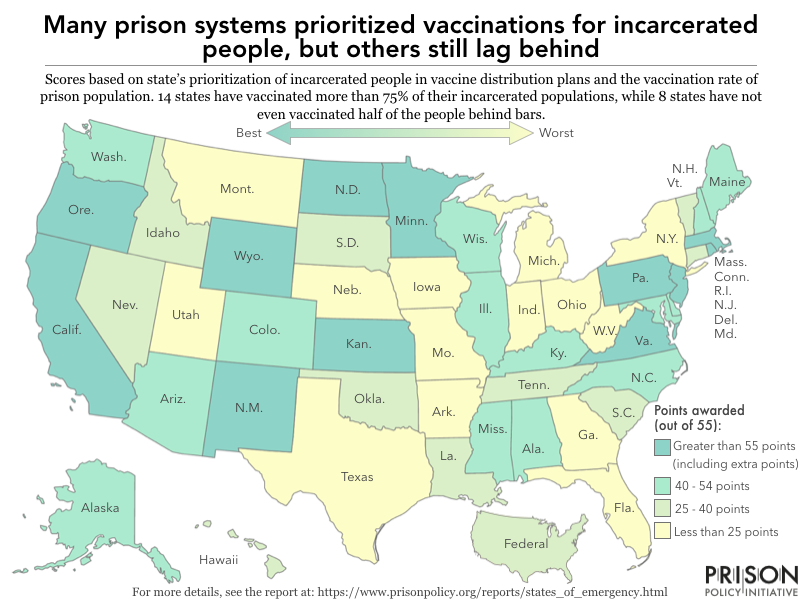 map showing the distribution in scores awarded to each state based on efforts to vaccinate prison populations in the face of COVID-19