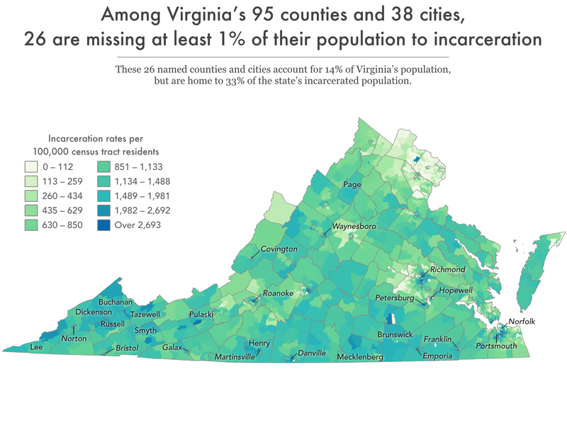 map of Virginia showing incarceration rate by census tract