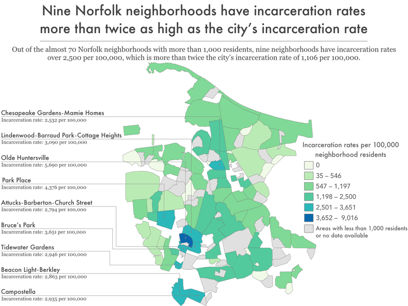 map of Norfolk showing incarceration rate by neighborhood