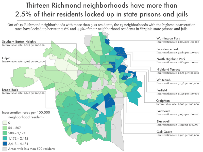 map of Richmond showing incarceration rate by neighborhood