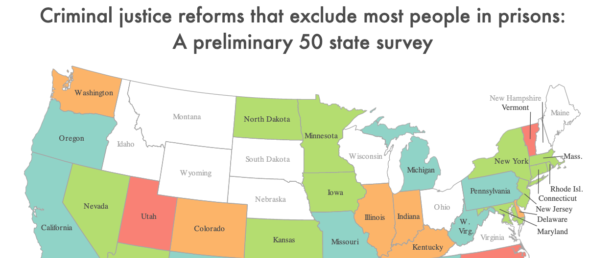 Preview of map showing where states have passed criminal justice reforms that exclude people convicted of violence.