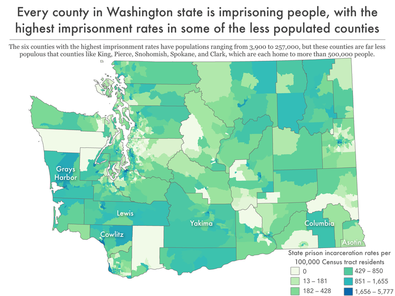 map of Washington showing incarceration rate by census tract with top imprisonment counties labeled