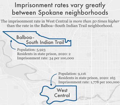 map comparing imprisonment rates in two Spokane neighborhoods: Balboa/South Indian Trail and West Central