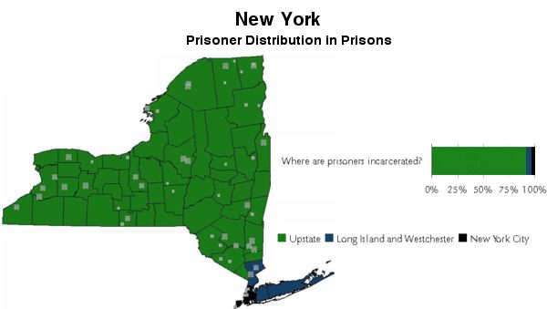 A map of New York State, with its prisons marked. The map is colored based on where prisoners are incarcerated.