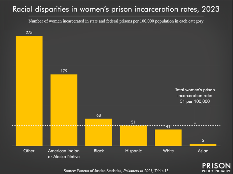 bar chart showing prison incarceration rates per 100,000 women of Native, White, Hispanic, Asian, and Other-race women