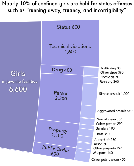 a slice of pie chart showing the offense types for the 6,600 girls confined in youth facilities