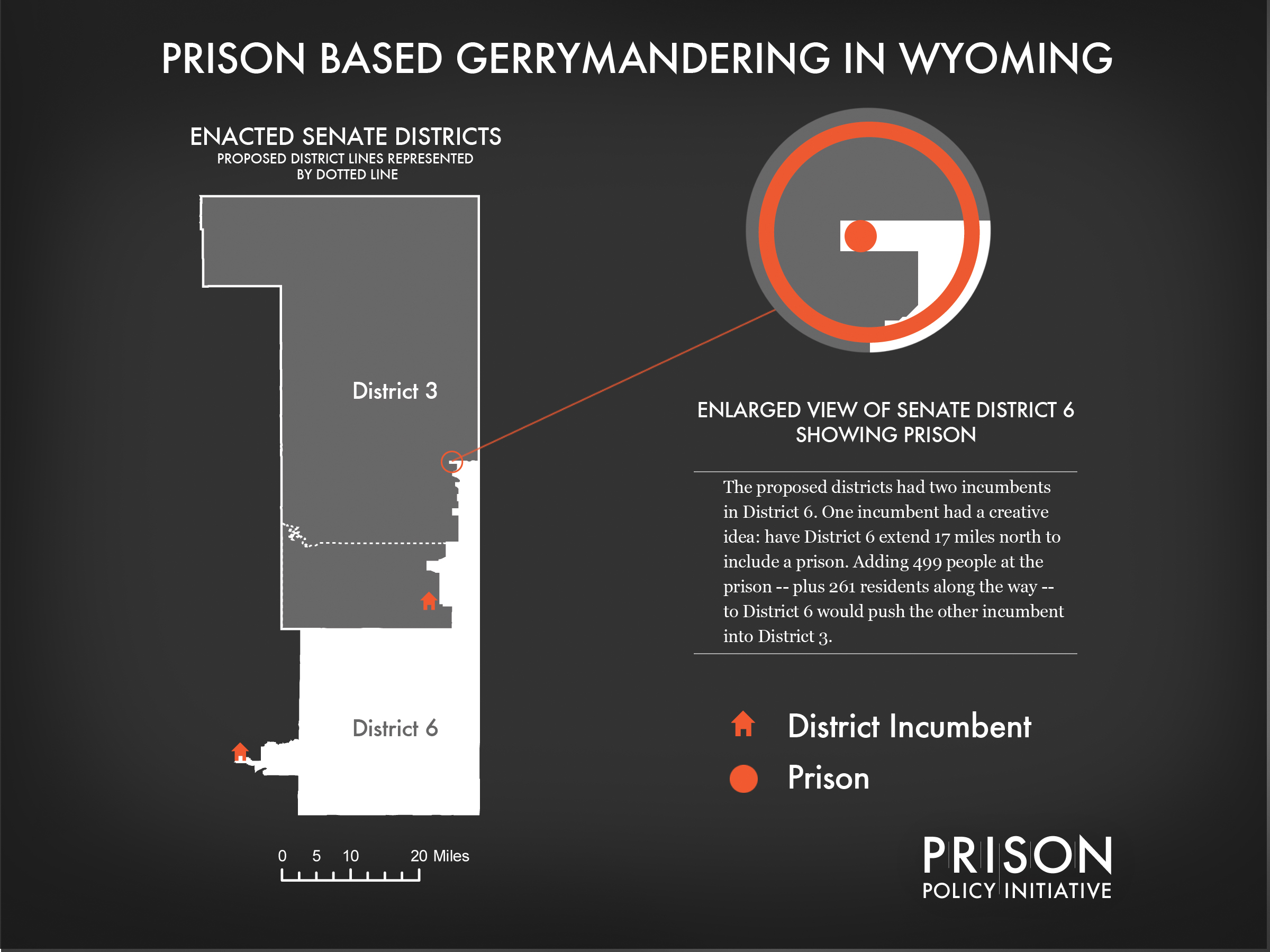 Map showing how Wyoming Senate District 6 goes 17 miles out of way to snag a prison and shift an incumbent into a separate district.
