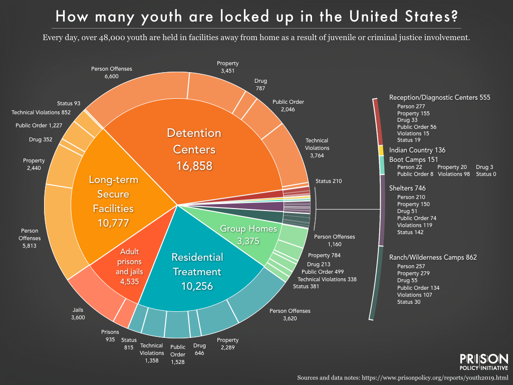 Pie chart showing the number of youths confined in adult prisons and jails, Indian country facilities, and eight types of juvenile facilities, broken down by offense type.