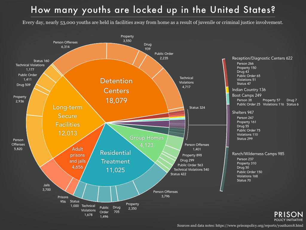 Pie chart showing the number of youths confined in adult prisons and jails, Indian country facilities, and eight types of juvenile facilities, broken down by offense type.