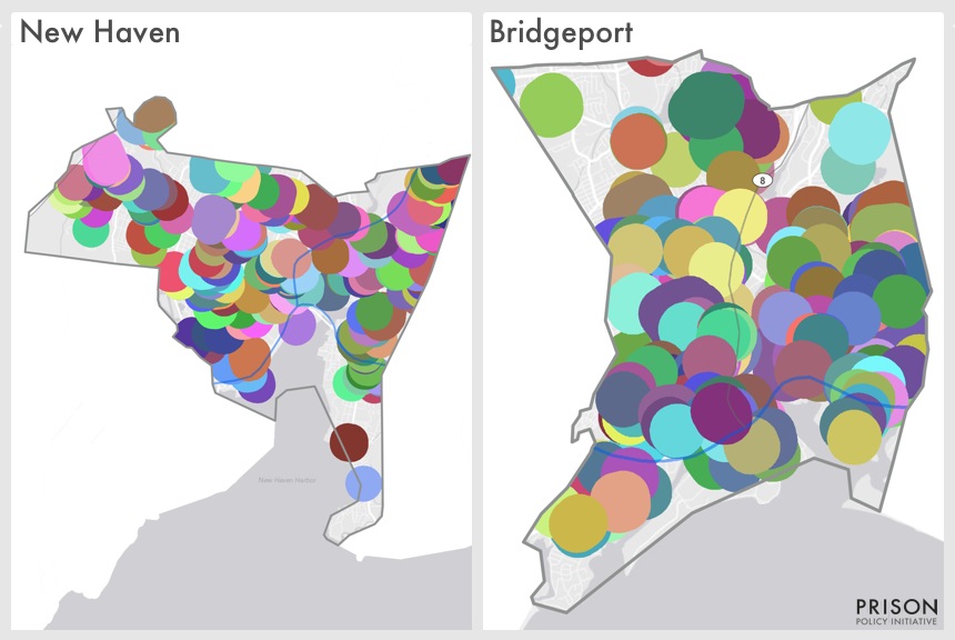 Map showing sentencing enhancement zones covering most of New Haven and Bridgeport